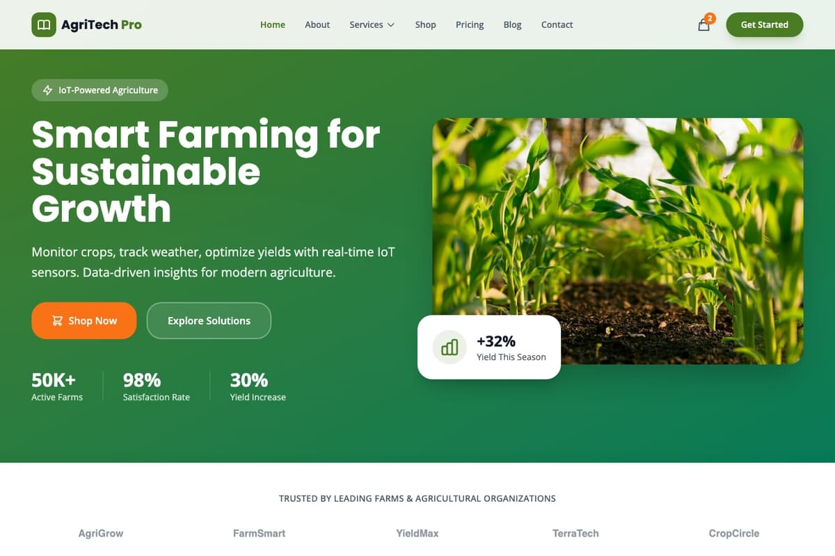 Agriculture Farm website template showing landing-page, pricing-table, testimonials