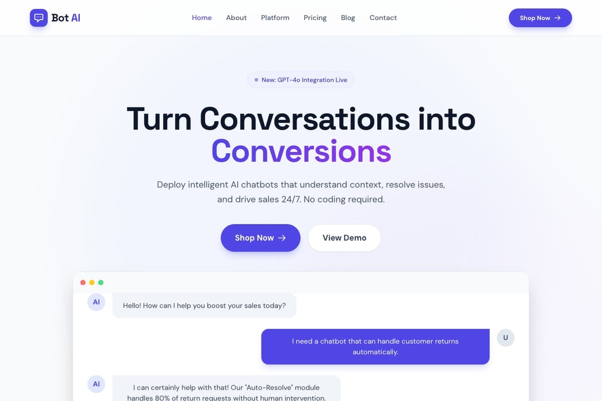Ai Chatbot Platform website template showing landing-page, pricing-table, faq-section