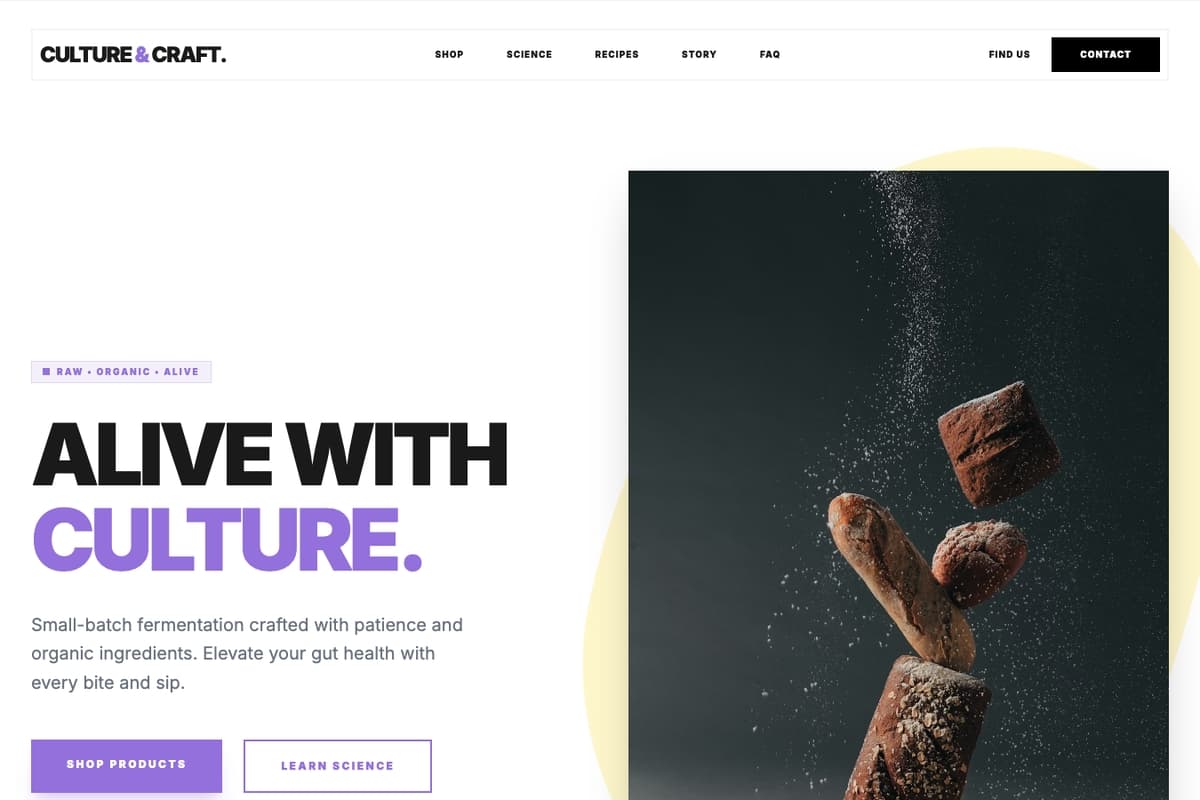 Alive Culture website template showing landing-page, ecommerce-cart, subscription