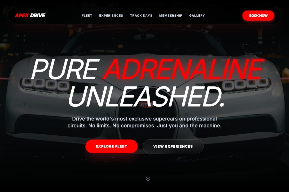 Apex Drive website template showing landing-page, booking-system, dark-theme