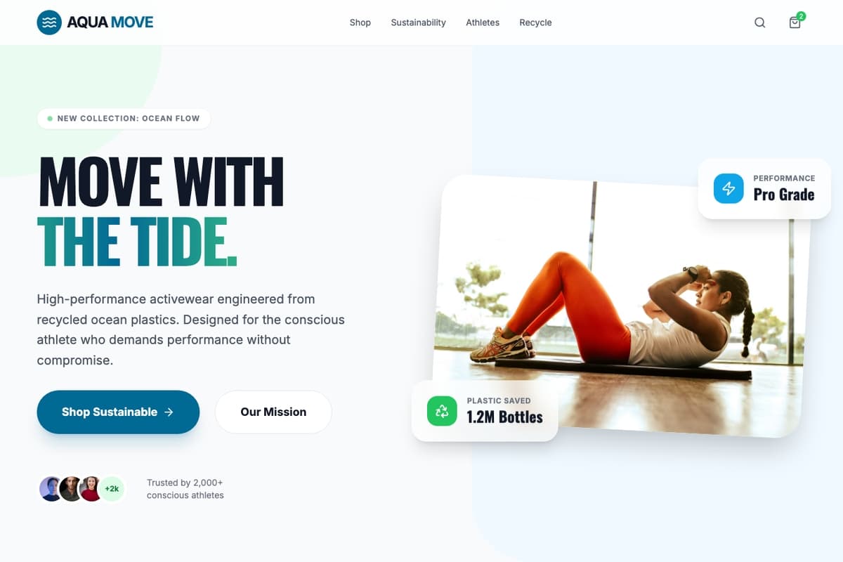 Aquamove website template showing landing-page, ecommerce-cart, testimonials
