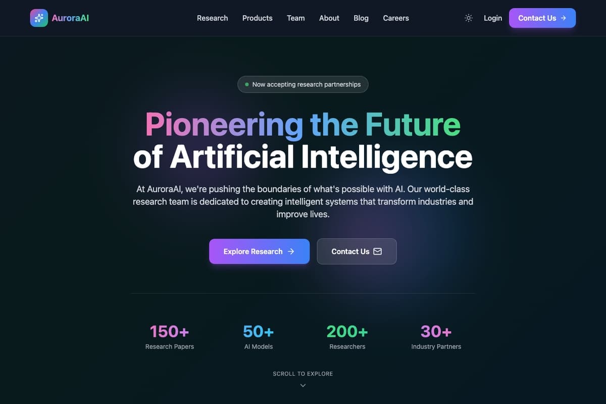 Aurora Spectrum Ai website template showing landing-page, research-showcase, team-section