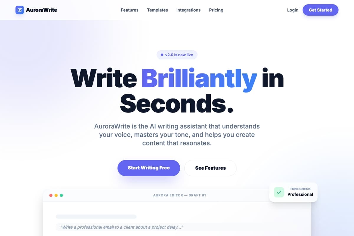 Aurorawrite website template showing landing-page, pricing-table, testimonials