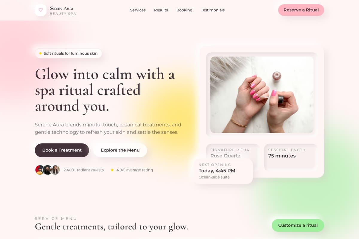Beauty Spa website template showing booking-system, landing-page, testimonials