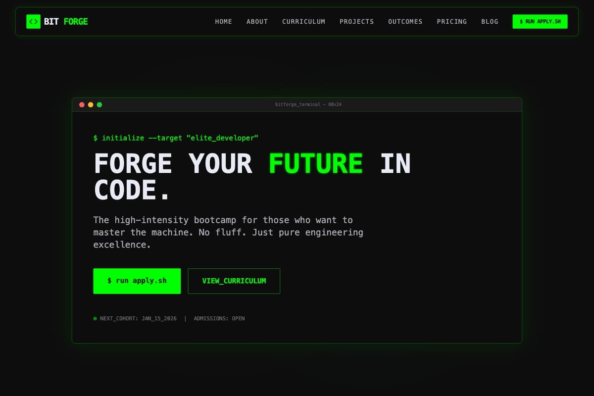 Bit Forge website template showing multi-page, pricing-table, testimonials