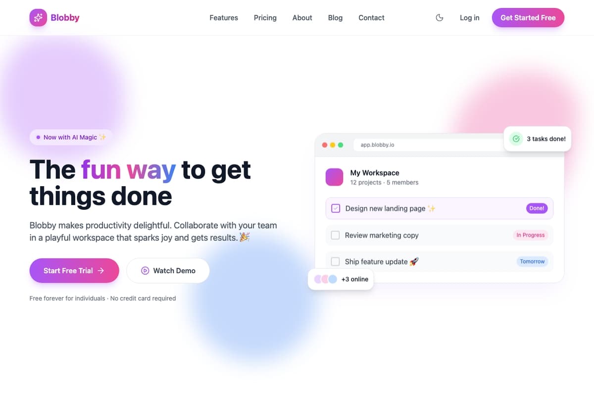 Blobby website template showing landing-page, pricing-table, testimonials