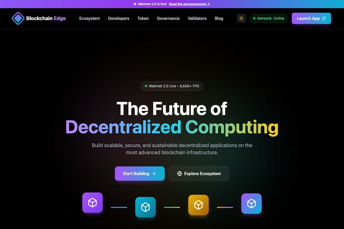 Blockchain Edge website template showing landing-page, hero-image, cta-buttons