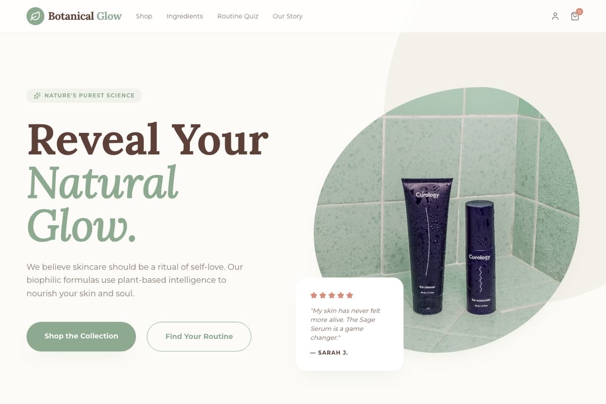 Botanical Glow website template showing landing-page, ecommerce-cart, testimonials