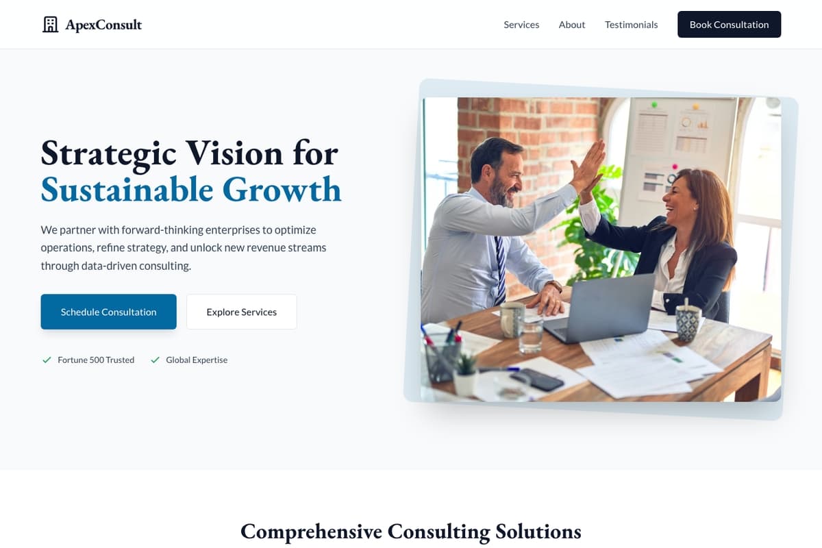 Business Consulting website template showing multi-page, testimonials, contact-form