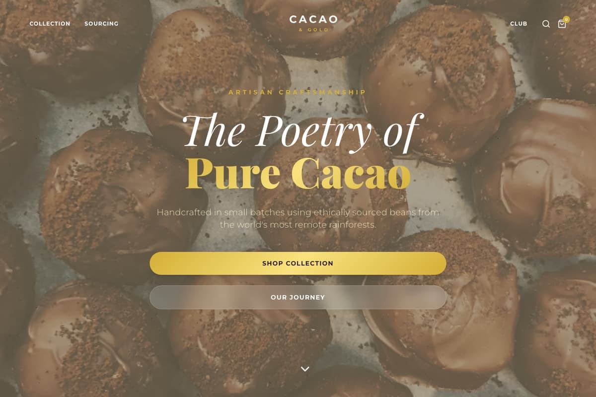 Cacao Gold website template showing landing-page, product-showcase, hero-image