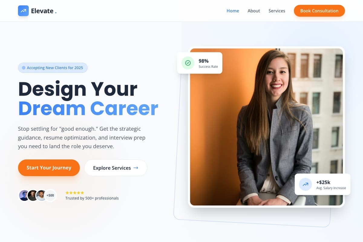 Career Coaching website template showing landing-page, contact-form, testimonials