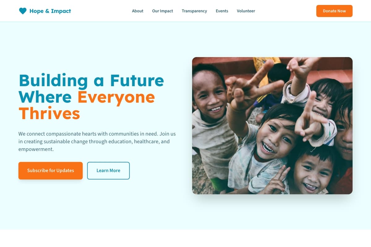 Charitium website template showing landing-page, donation-system, newsletter-signup