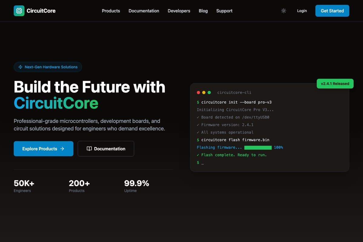 Circuitcore Tech Dark website template showing product-showcase, blog-section, testimonials