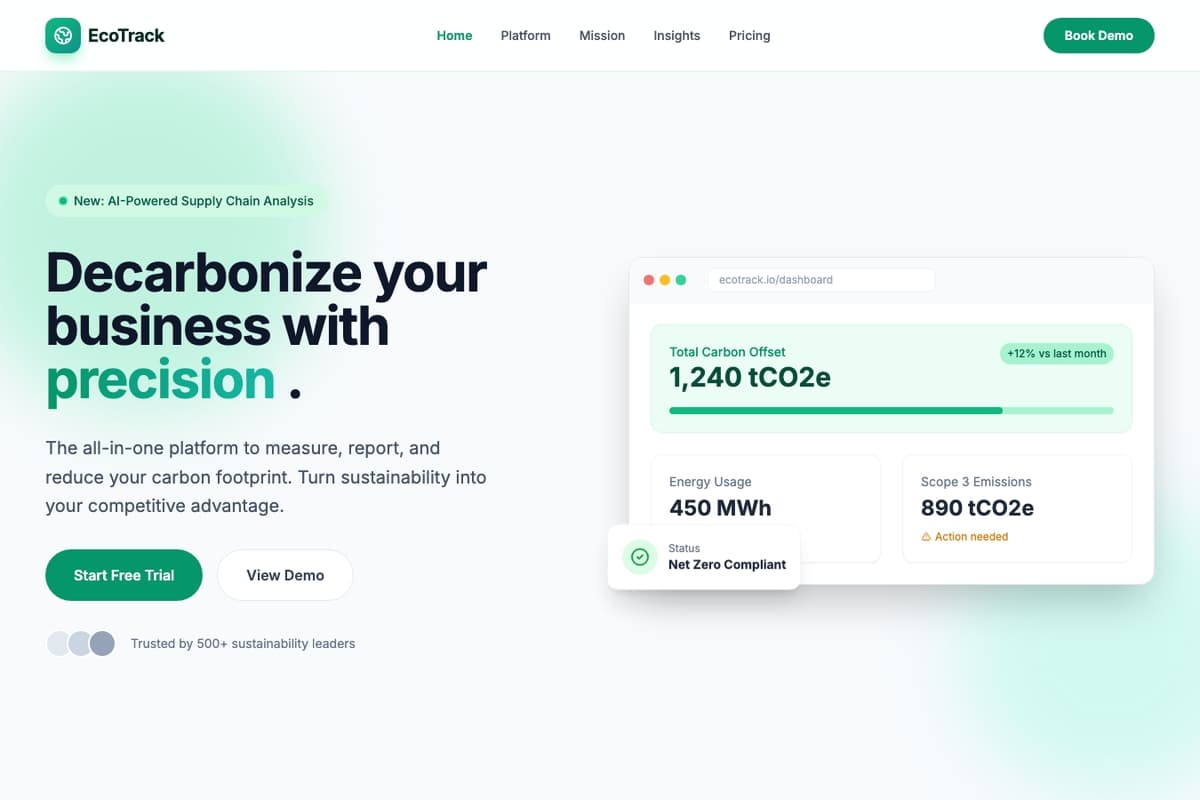 Climate Tech website template showing landing-page, pricing-table, testimonials