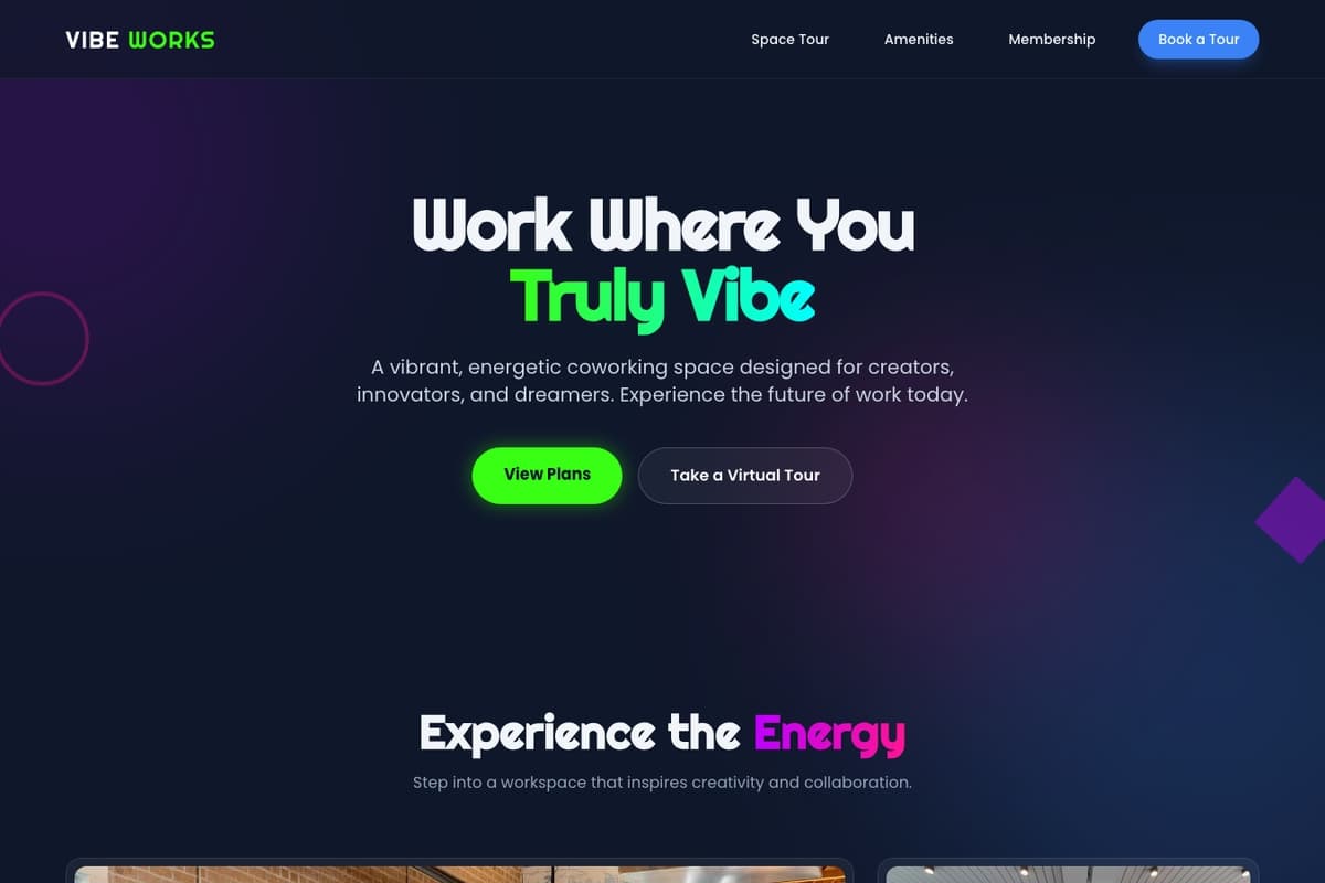 Coworking Space website template showing landing-page, pricing-table, booking-system