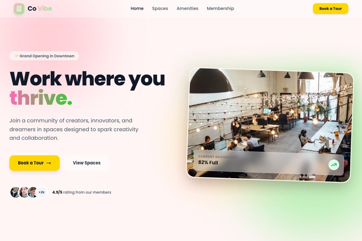 Coworking Space 2 website template showing landing-page, pricing-table, booking-system