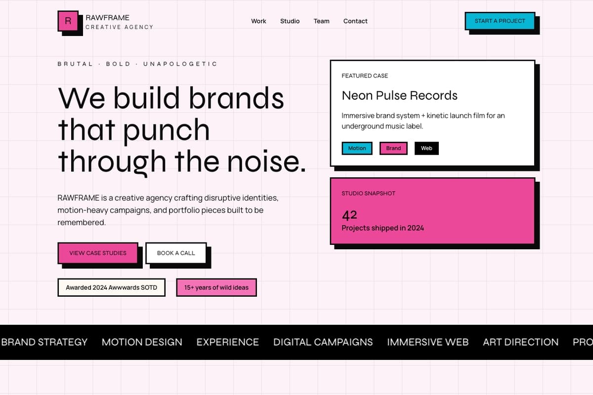 Creative Agency website template showing portfolio-layout, case-studies, team-section