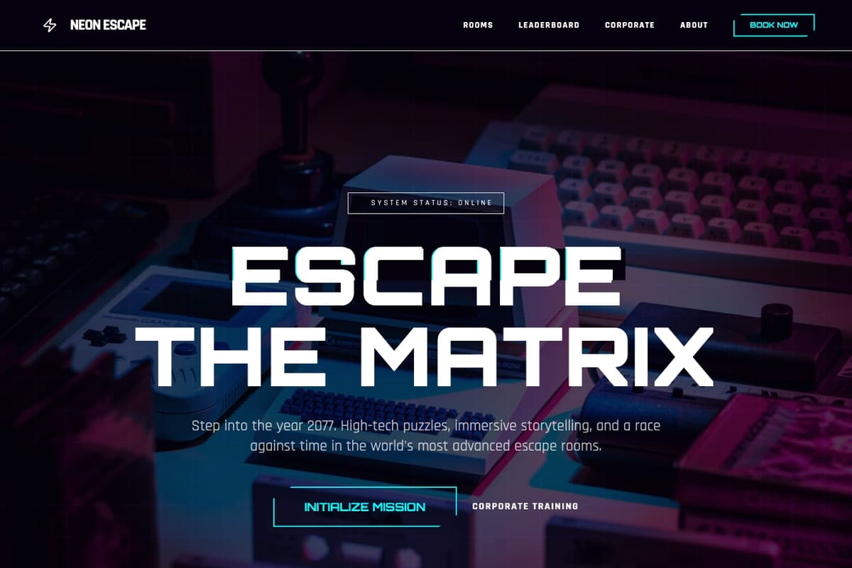 Cyber Escape website template showing landing-page, booking-system, dark-theme