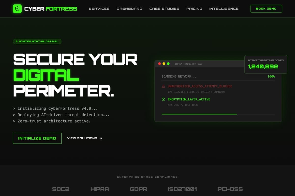 Cyber Fortress website template showing landing-page, dark-theme, enterprise
