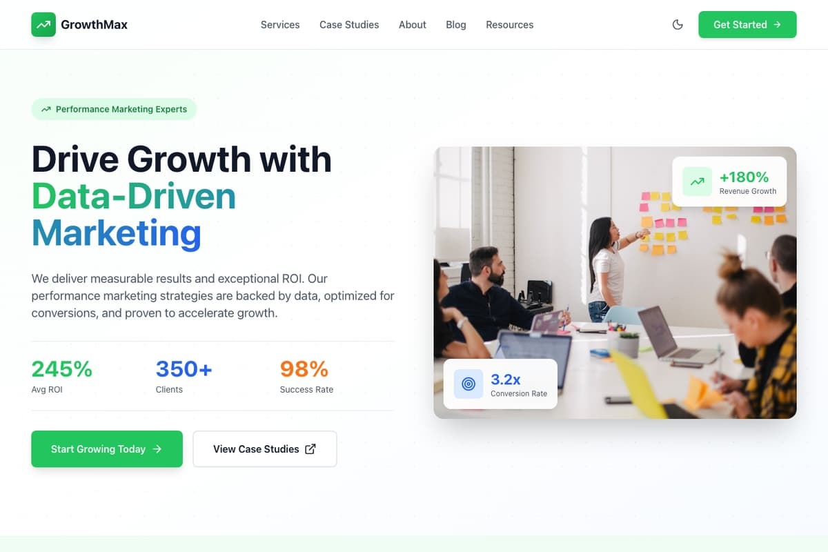 Data Driven Performance website template showing landing-page, case-studies, testimonials