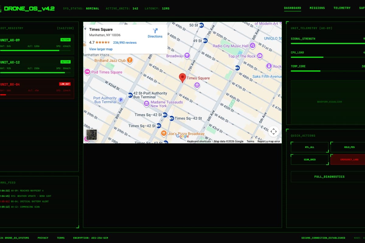 Drone Ops Hud website template showing dashboard, dark-theme, animated