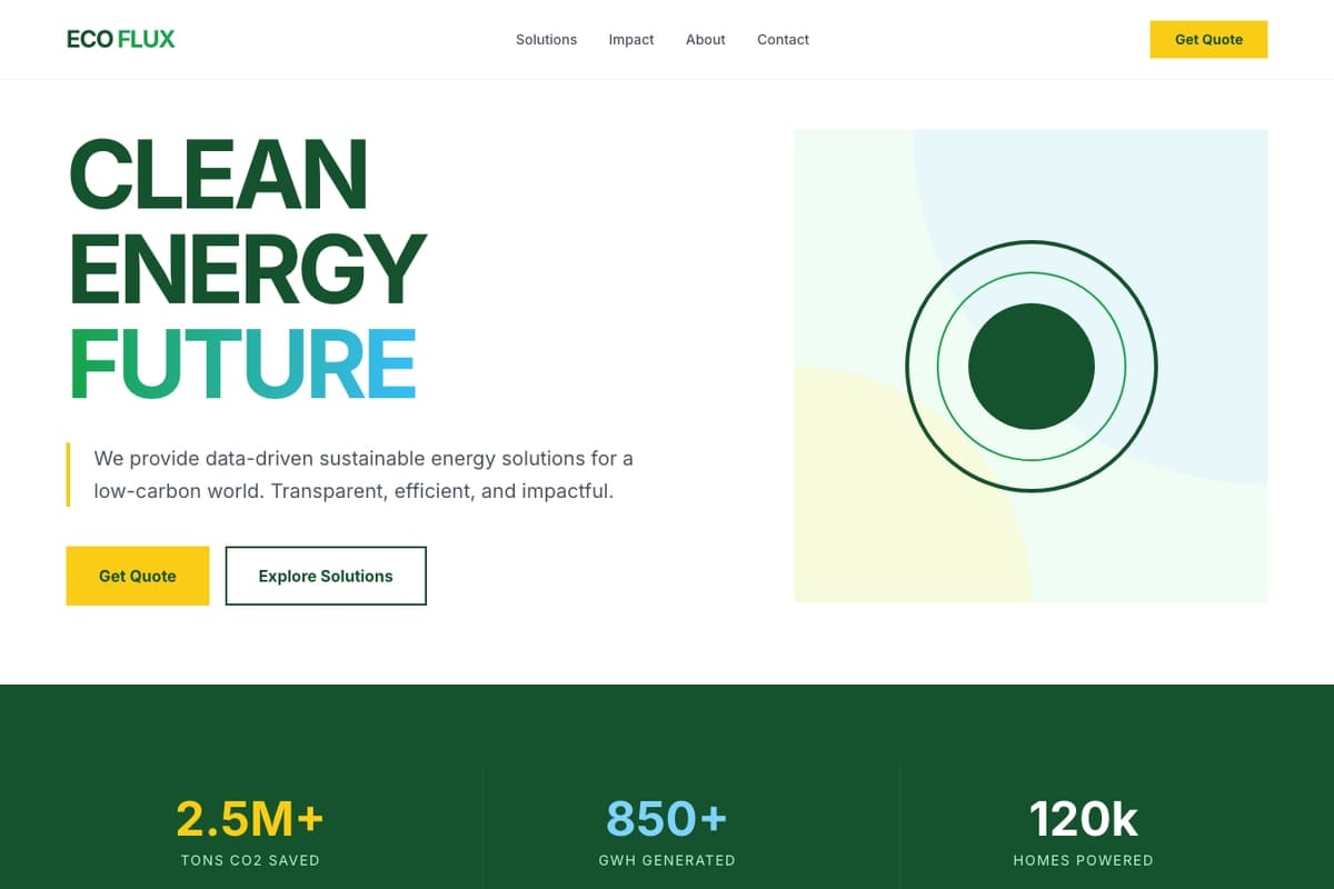 Eco Flux website template showing multi-page, contact-form, hero-image