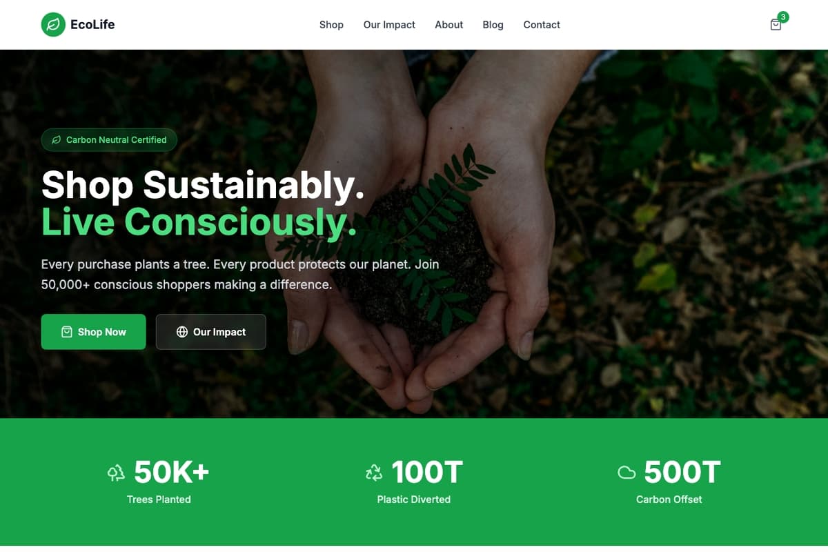 Ecolife Conscious Store website template showing landing-page, product-catalog, testimonials
