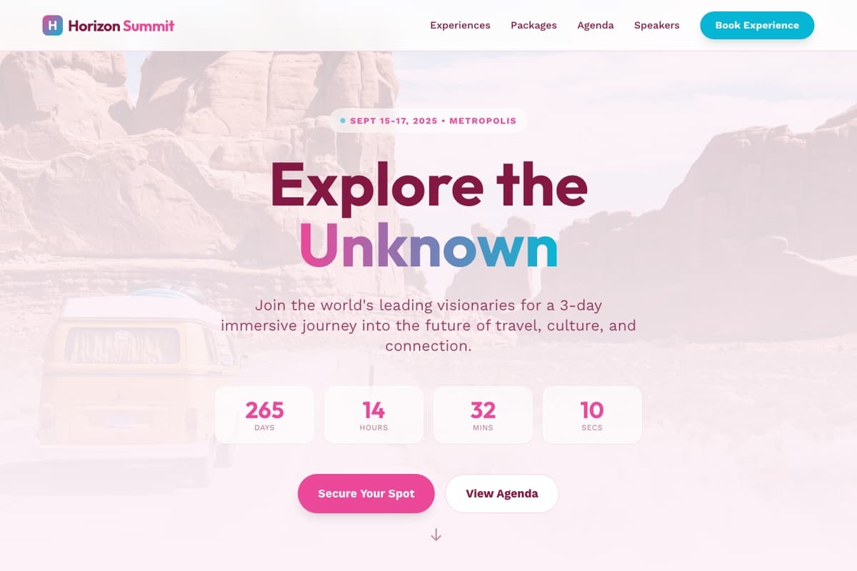 Event Conference website template showing landing-page, countdown-timer, booking-system
