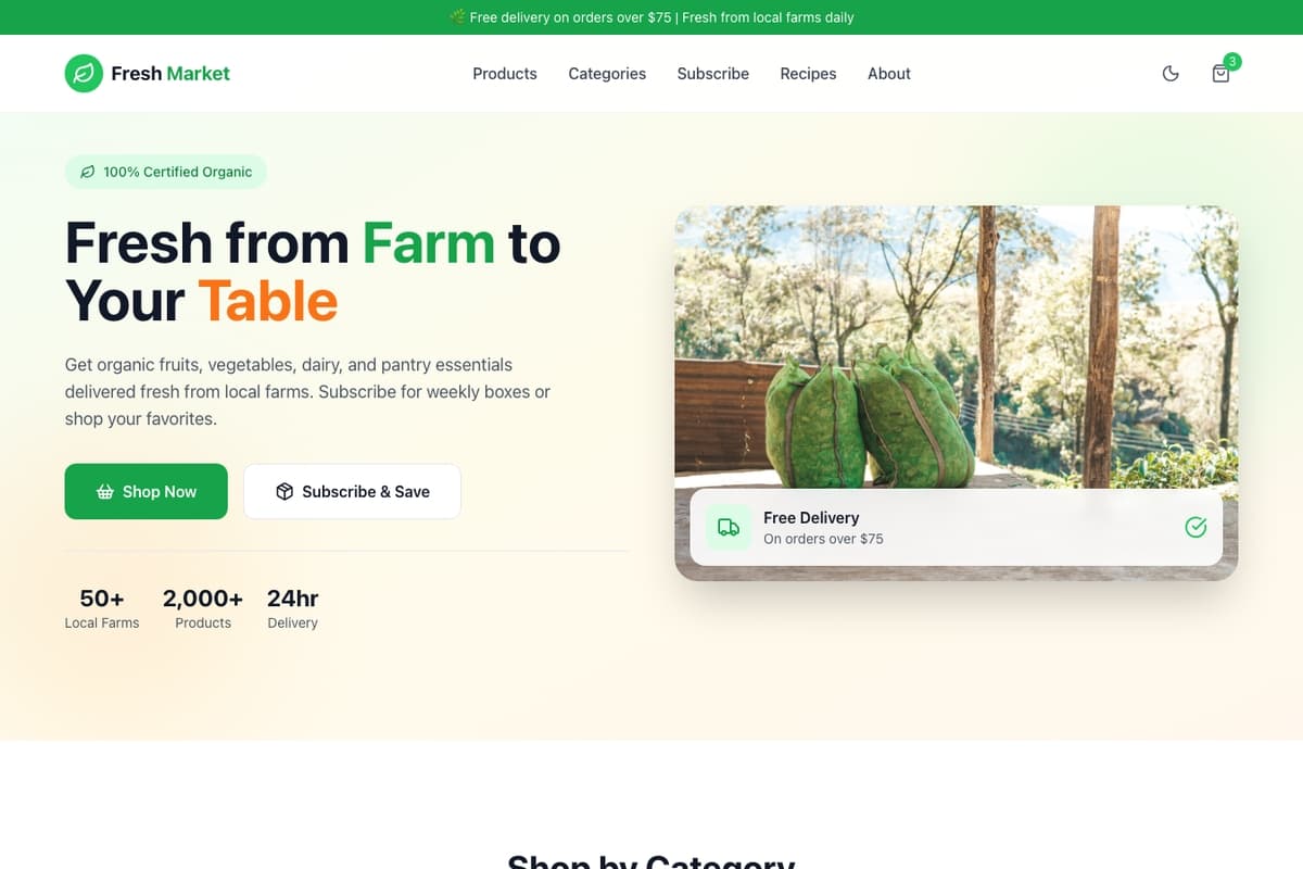 Farm Fresh Delivery website template showing subscription-box, product-catalog, local-sourcing