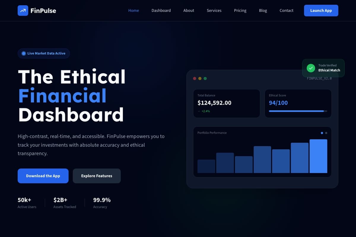 Fin Pulse website template showing dashboard, multi-page, blog-section