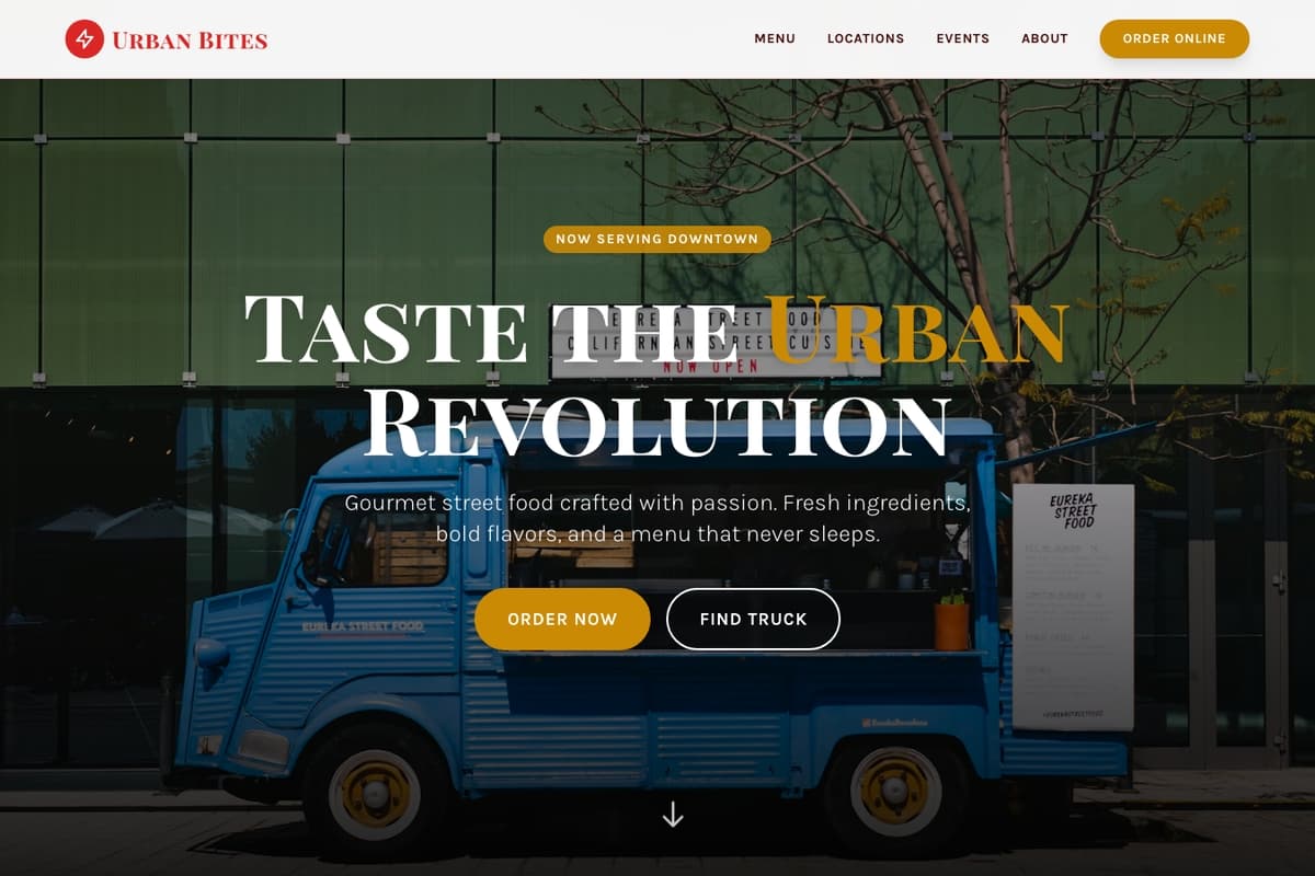 Food Truck website template showing one-page, contact-form, newsletter-signup