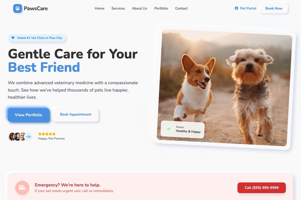 Gentle Paws website template showing landing-page, testimonials, booking-system