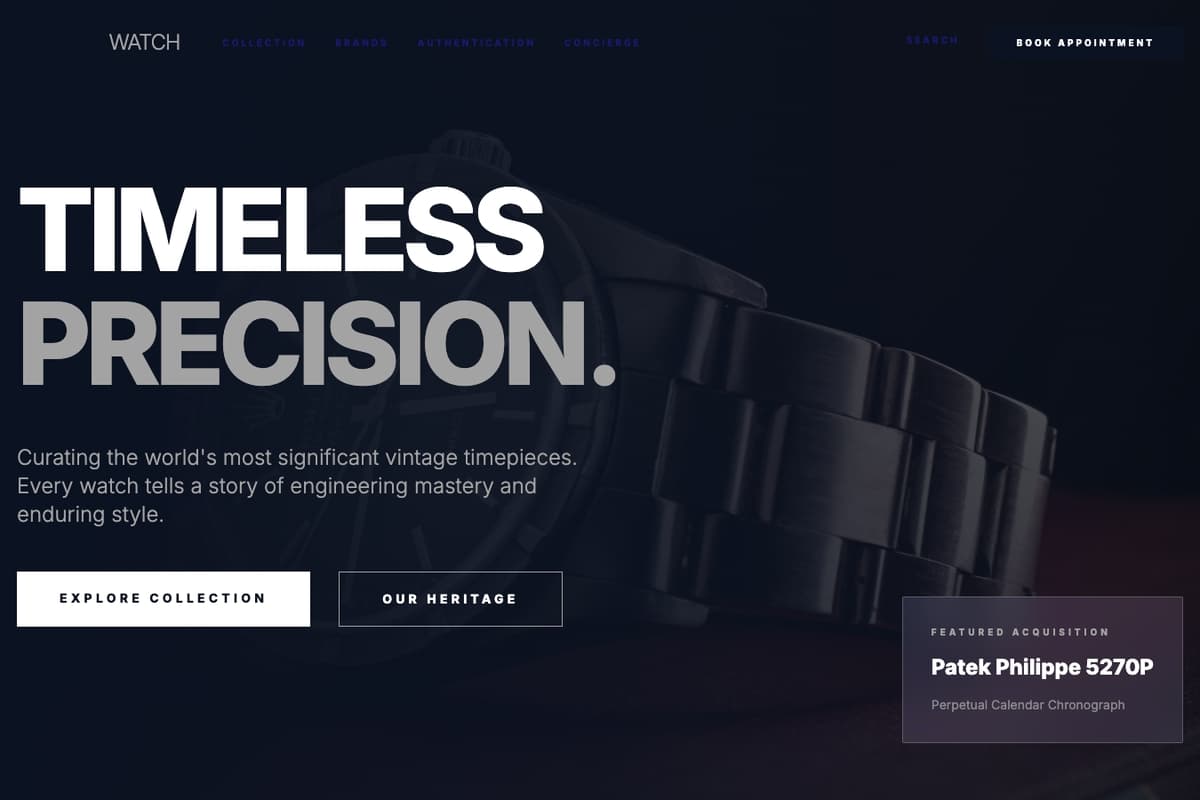 Horological Heritage website template showing luxury-watches, ecommerce-cart, catalog