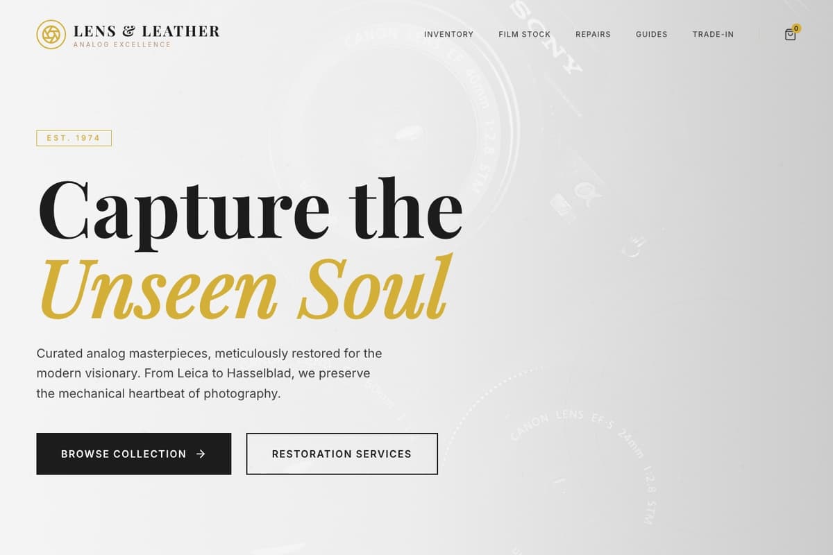 Lens Leather website template showing ecommerce-cart, catalog, image-gallery