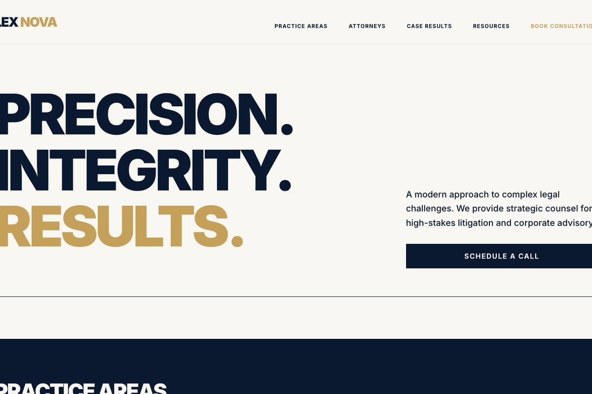 Lex Nova website template showing one-page, contact-form, team-section