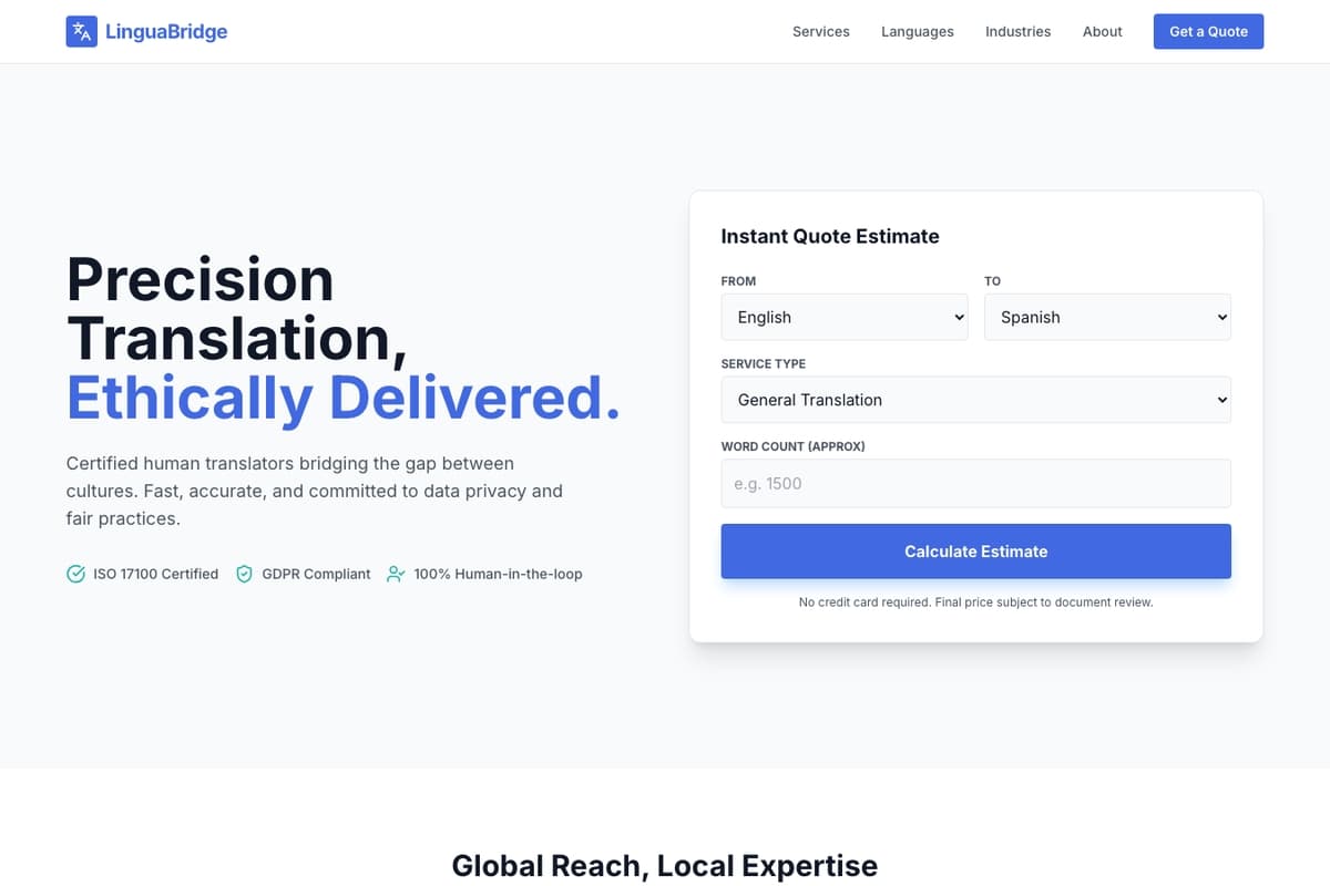 Lingua Bridge website template showing landing-page, contact-form, testimonials