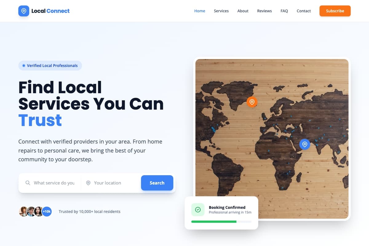 Localy Connect website template showing multi-page, directory, testimonials