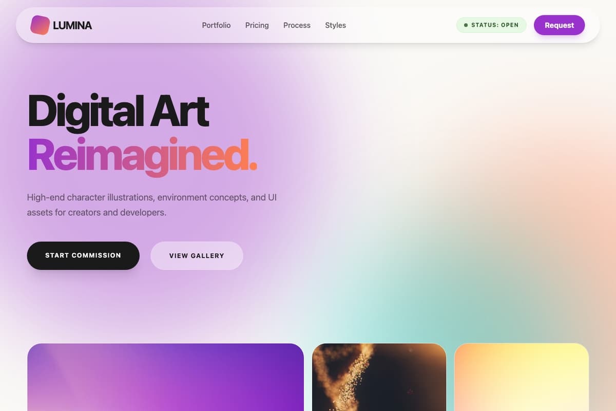 Lumina Studios website template showing portfolio-layout, pricing-table, image-gallery