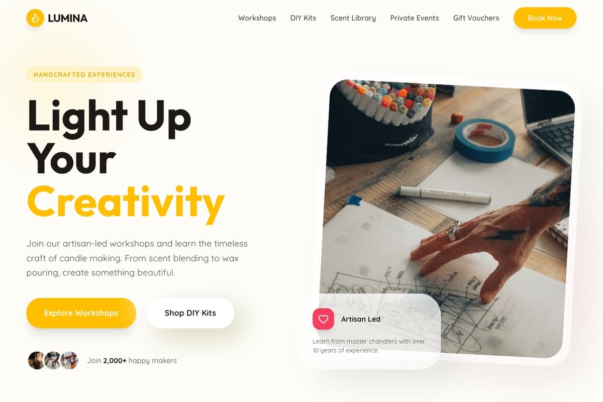 Lumina Workshop website template showing workshop-booking, product-catalog, landing-page