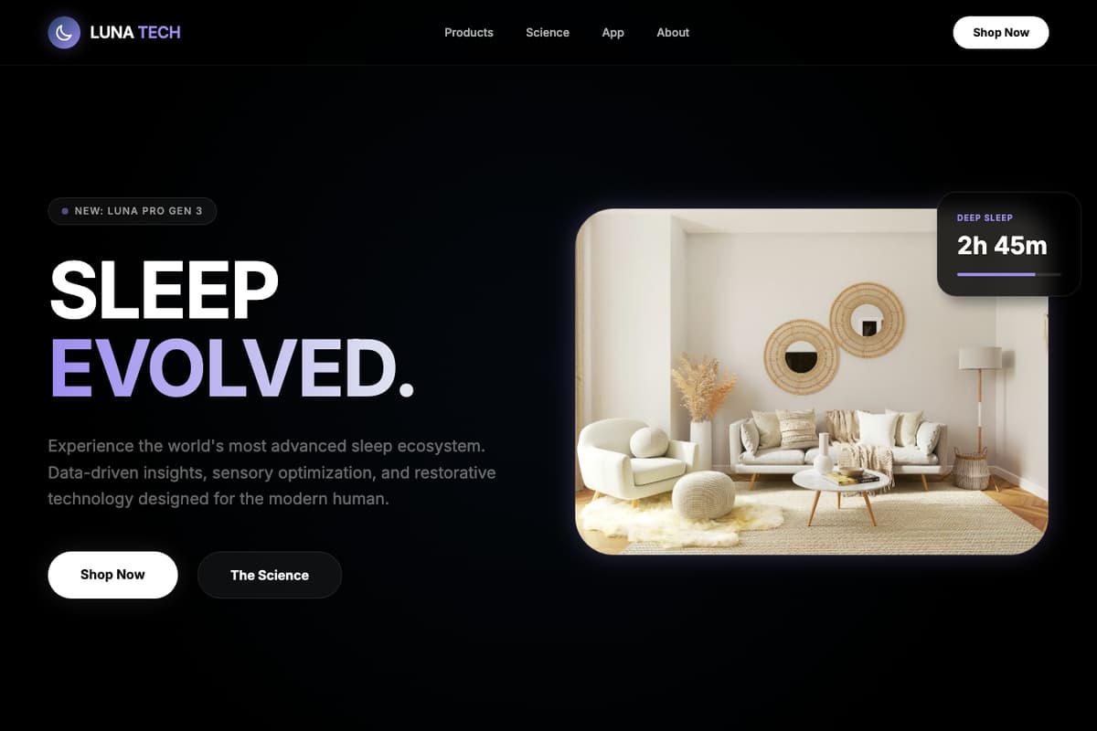 Luna Rest-Tech website template showing one-page, product-showcase, testimonials