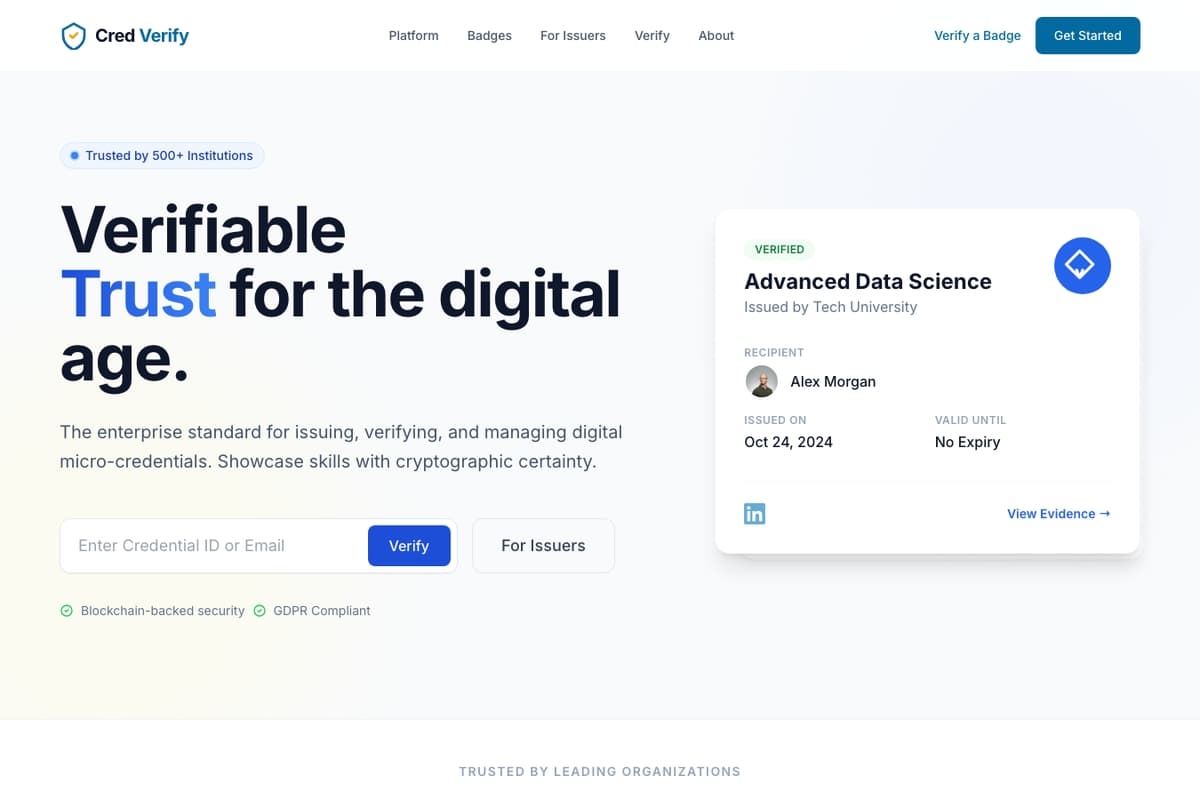 Micro Credentials Platform website template showing landing-page, pricing-table, testimonials