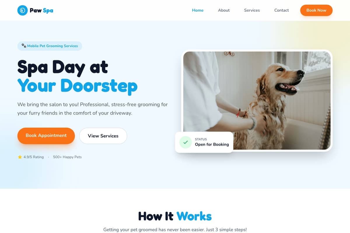 Mobile Pet Grooming website template showing mobile-service, booking-system, testimonials