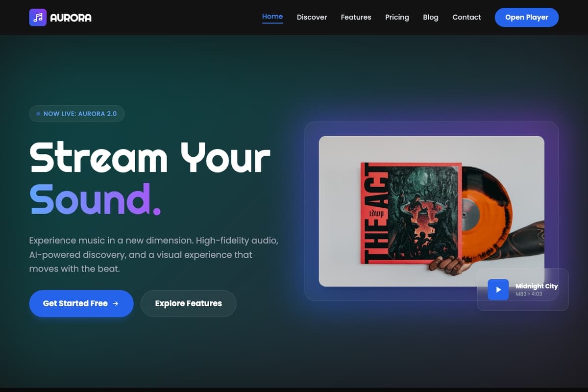 Musico website template showing multi-page, landing-page, pricing-table