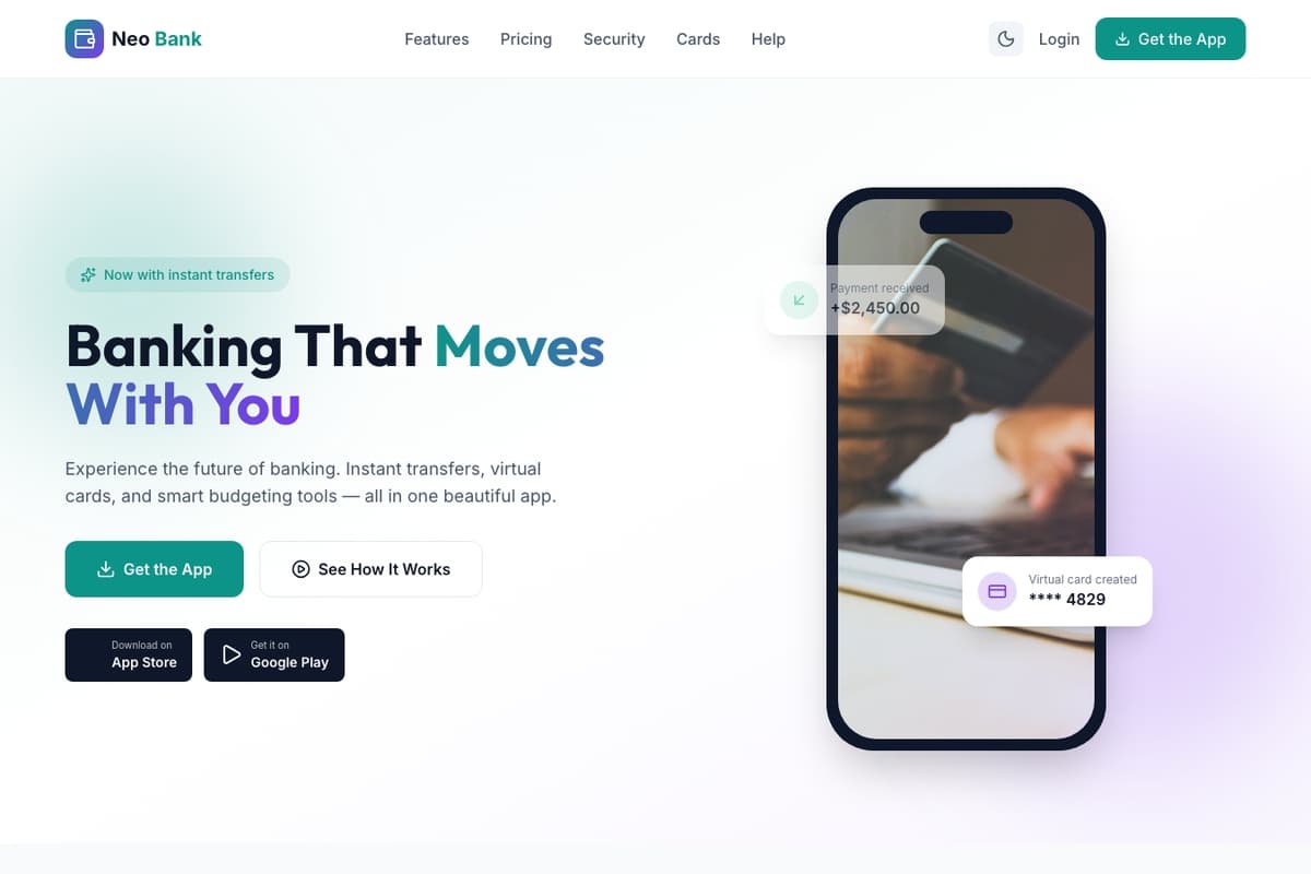 Neobank website template showing landing-page, mobile-app, testimonials