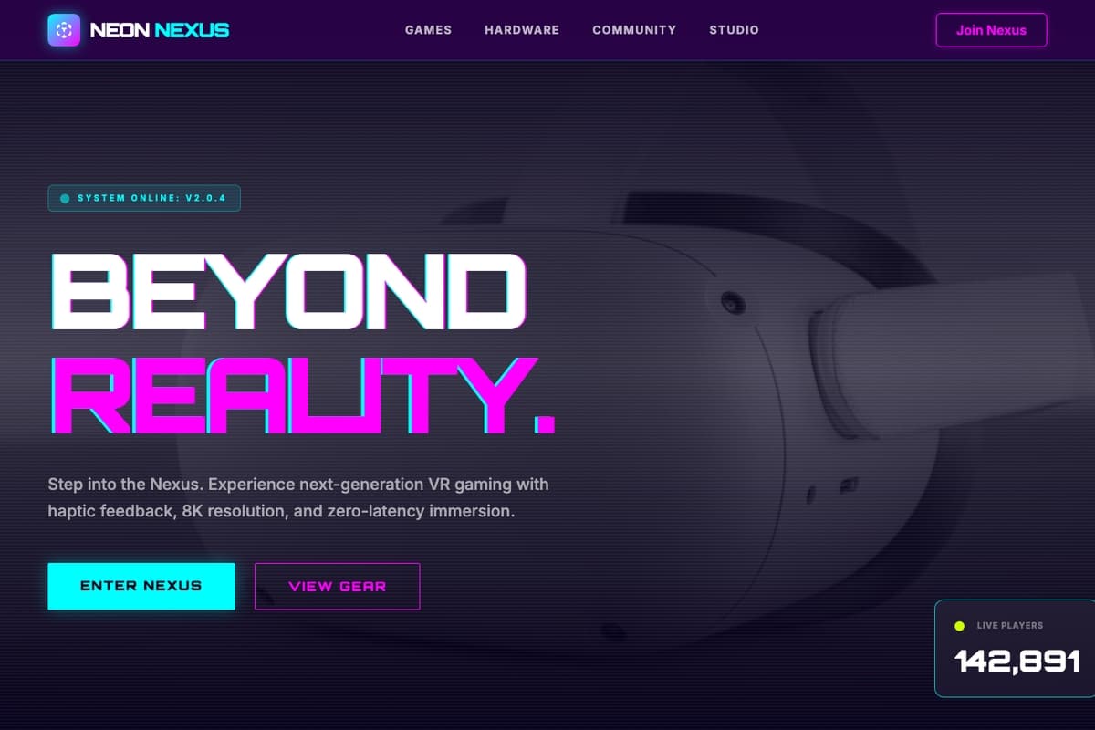 Neon Nexus Vr website template showing landing-page, dark-theme, animated