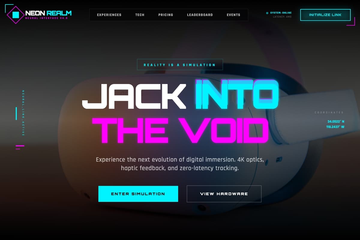 Neon Realm Vr website template showing landing-page, dark-theme, animated