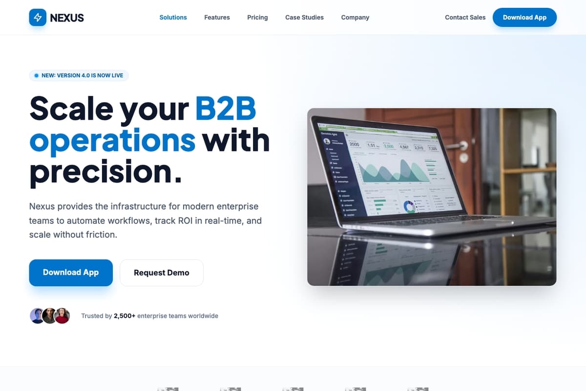 Nexus Enterprise website template showing enterprise, landing-page, contact-form