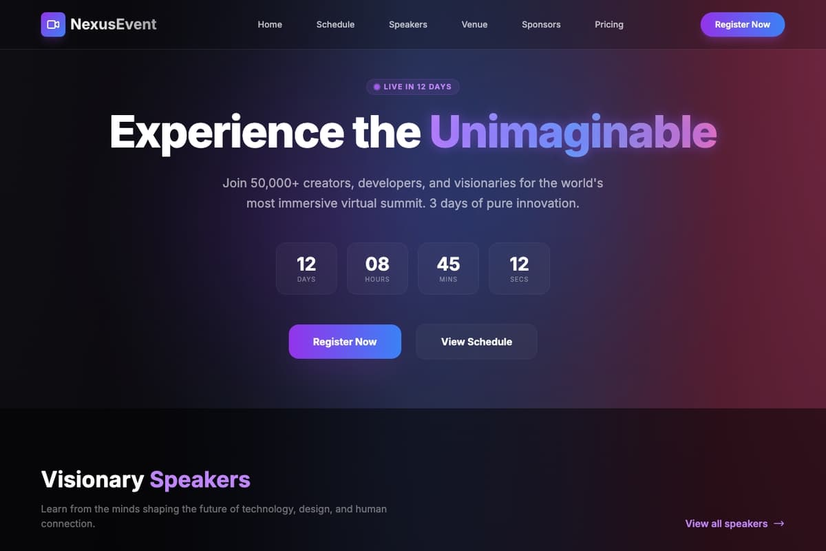 Nexus Event website template showing landing-page, event-schedule, speaker-profiles