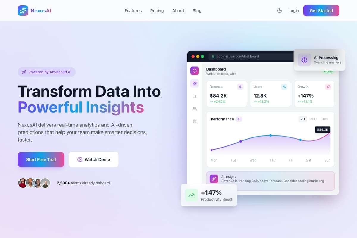 Nexus Insights website template showing landing-page, pricing-table, testimonials