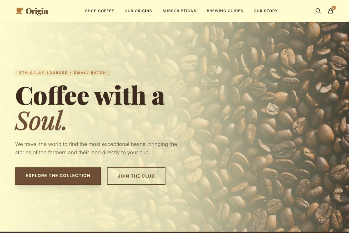 Origin Story website template showing ecommerce-cart, subscription, catalog